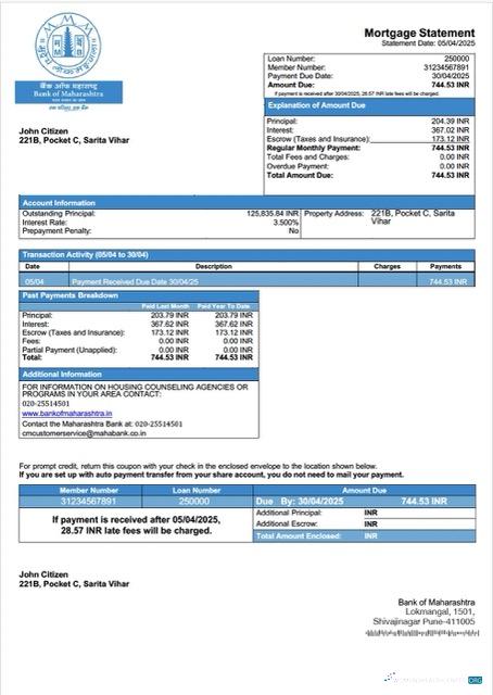 Download India Bank of Maharashtra mortgage statement Word and PDF template Photoshop template